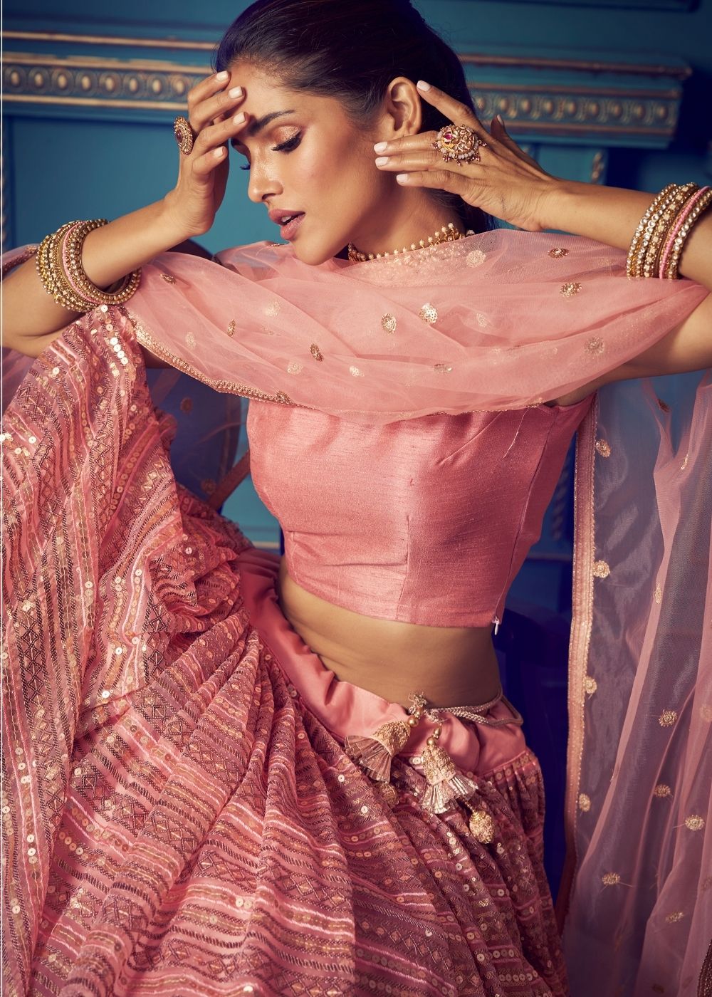Rose Pink Designer Soft Net Lehenga Choli with Sequin and Thread work Clothsvilla
