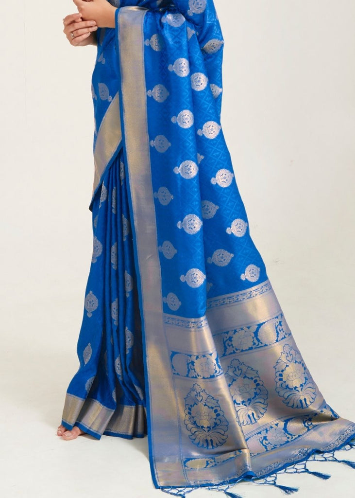 Egyptian Blue Zari Butta Woven Banasari Silk Saree Clothsvilla