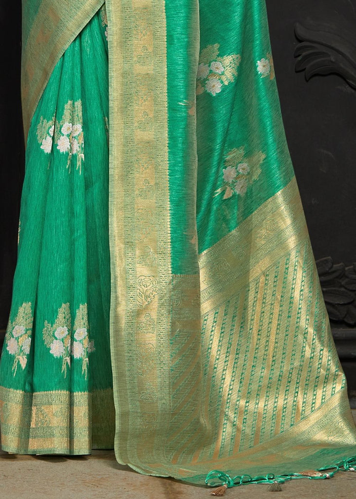 Jungle Green Banarasi Silk Floral Woven Saree with Golden Border and Pallu Clothsvilla