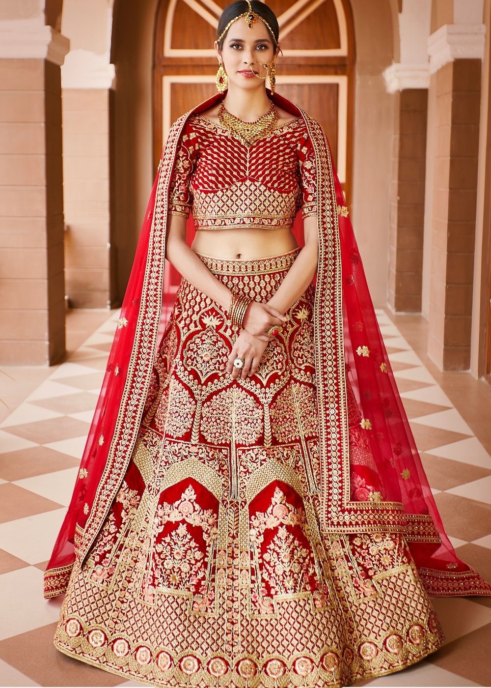 Crimson Red Velvet  Bridal Lehenga Choli with Embroidery & Hand work Clothsvilla