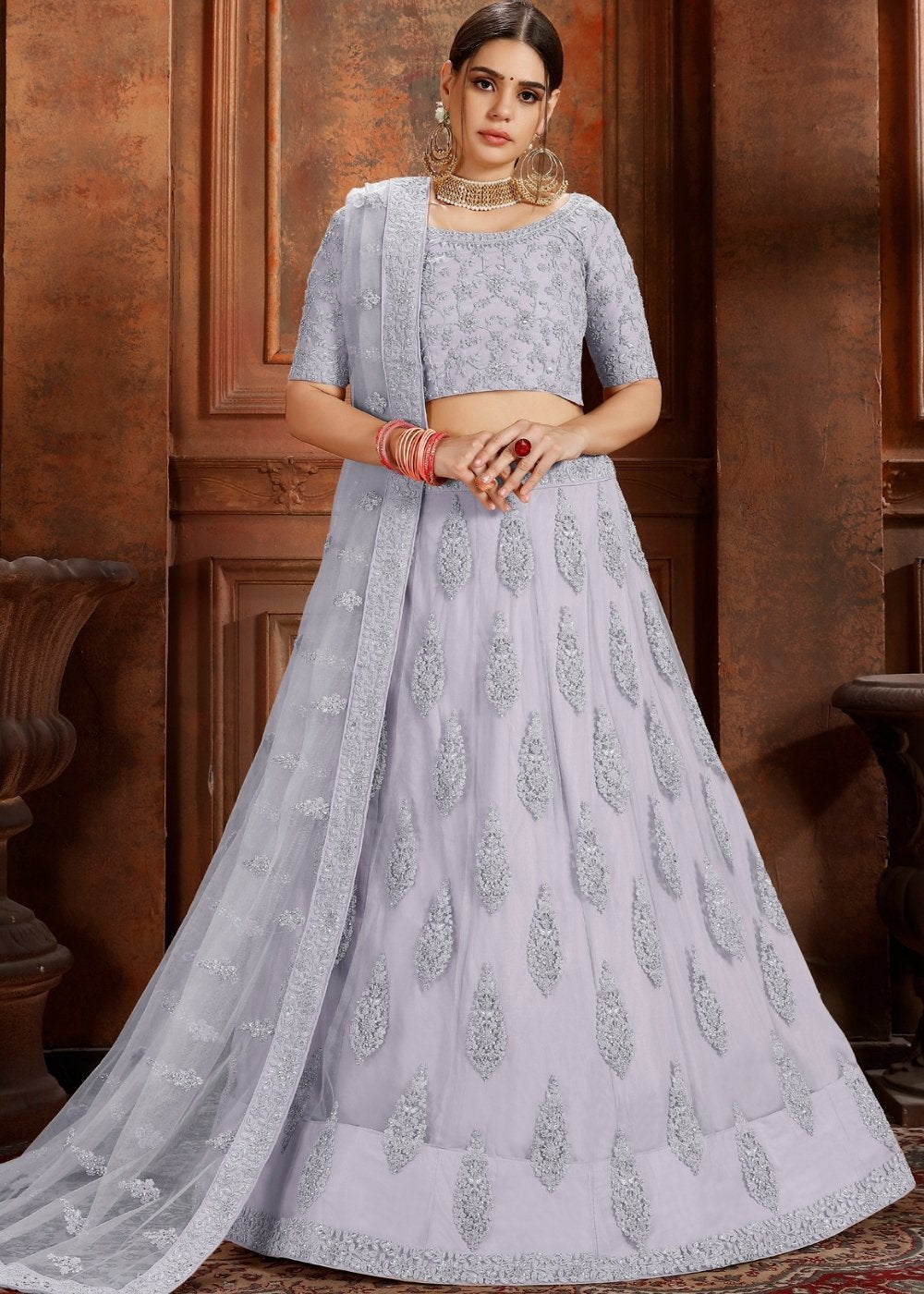 Silver Grey Soft Net Lehenga Choli with Thread, Zarkan & Pearl work Clothsvilla
