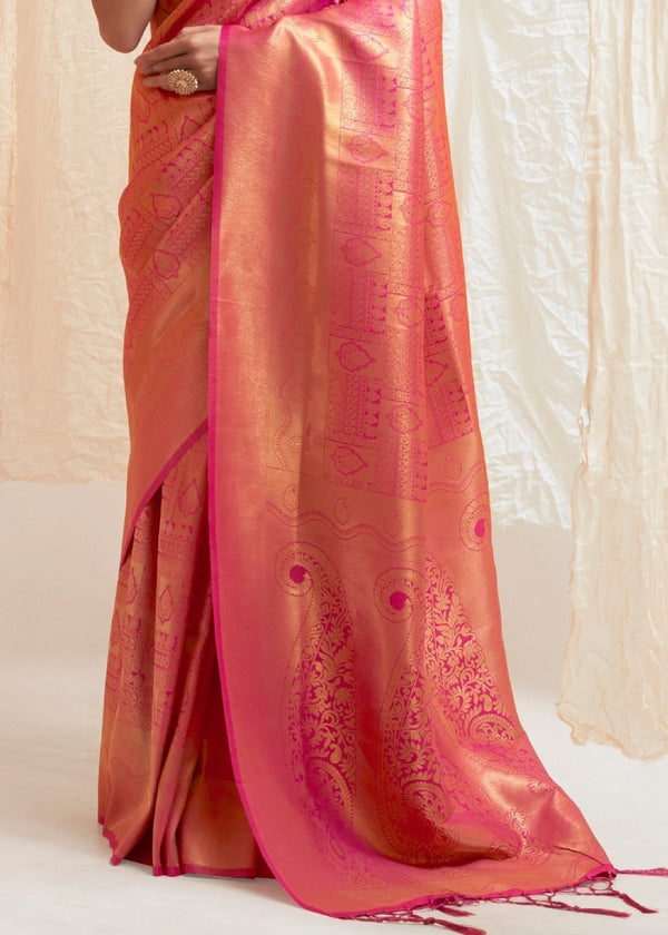 Deep Pink & Golden Blend Kanjivaram Silk Saree Clothsvilla