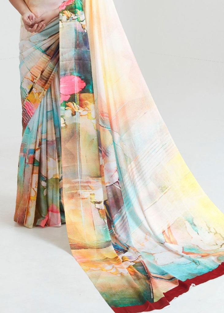 Flax Yellow Satin Silk Digital Printed Saree Clothsvilla