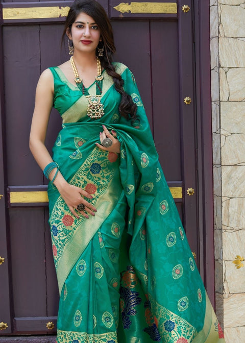 Emerald Green Silk Saree with Floral Motif Zari Border Clothsvilla Main image