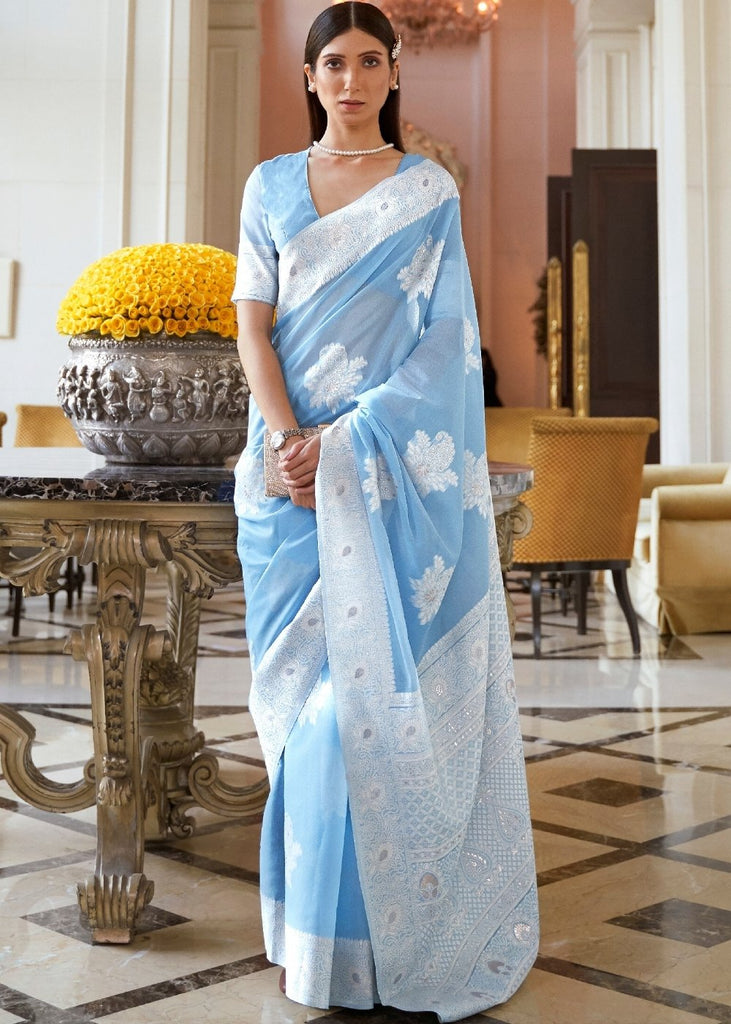 Maya Blue Lucknowi  Chikankari Weaving Silk Saree Clothsvilla