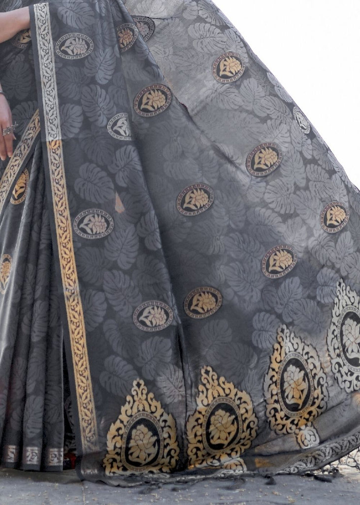 Fossil Grey Printed Satin Silk Saree Clothsvilla