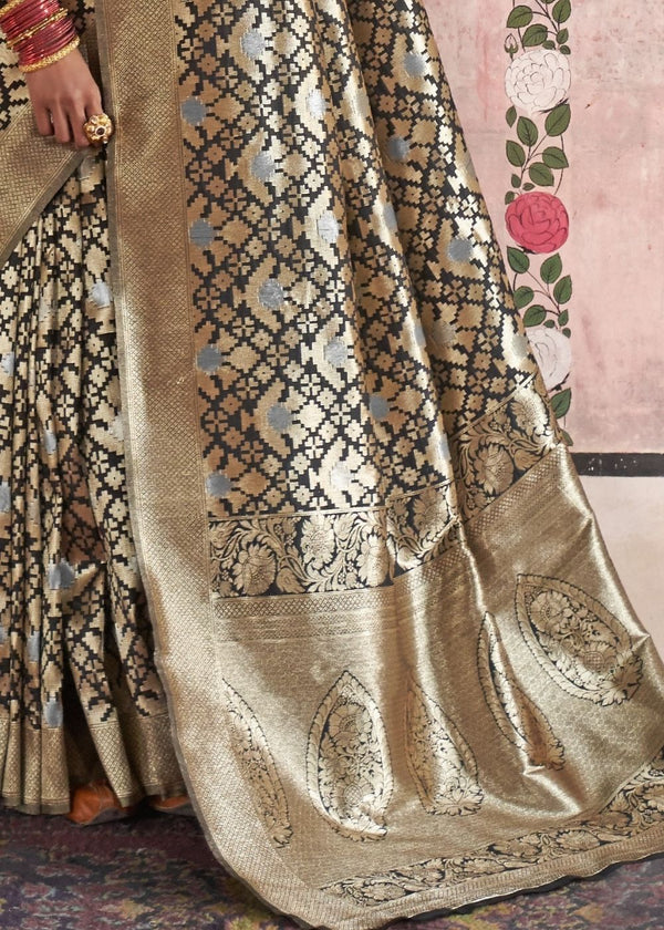 Midnight Black Handloom Weaving Silk Saree with Golden Border Clothsvilla