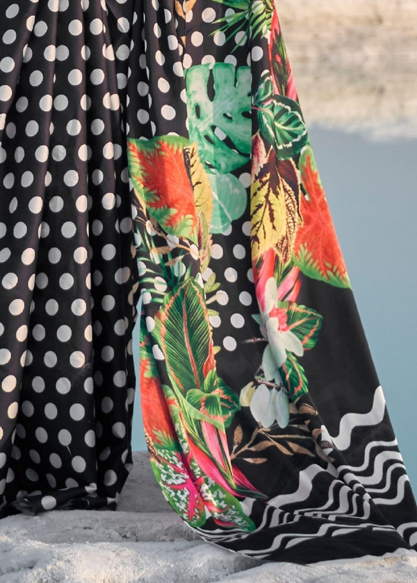 Black and White Polka Dots Digital Printed Crepe Silk Saree Clothsvilla