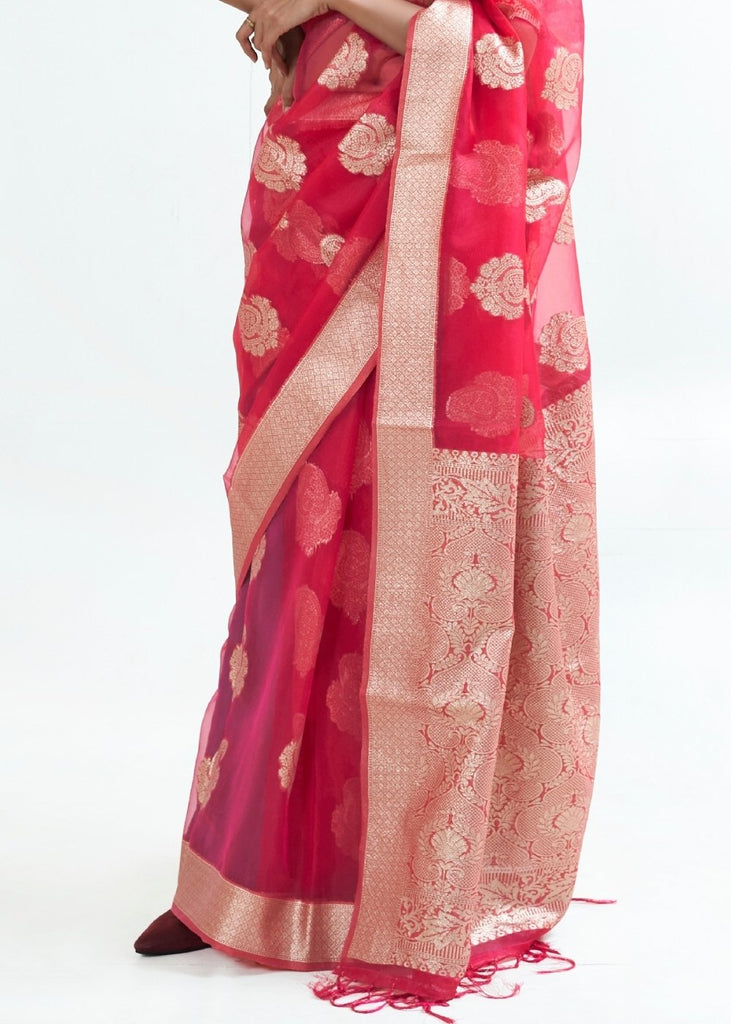 Ribbon Red Designer Woven Organza Silk Saree Clothsvilla