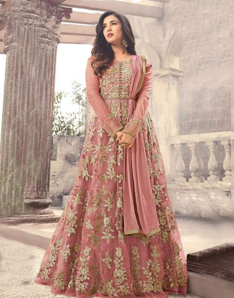 Light Pink Designer Net Gown with Heavy Embroidery and Stone work ClothsVilla