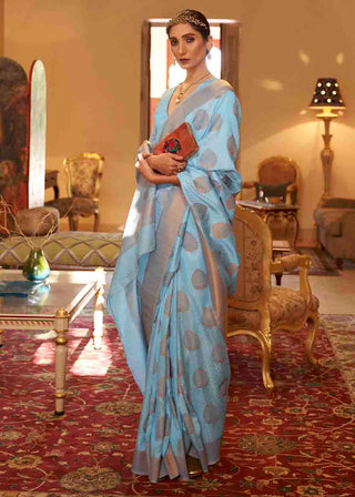 Sky Blue Handloom Weave Banarasi Silk Saree Clothsvilla