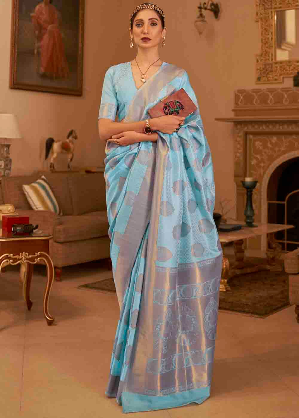Sky Blue Handloom Weave Banarasi Silk Saree Clothsvilla Main image