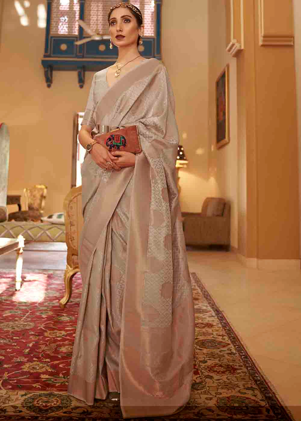 Tan Brown Handloom Weave Banarasi Silk Saree Clothsvilla Main image