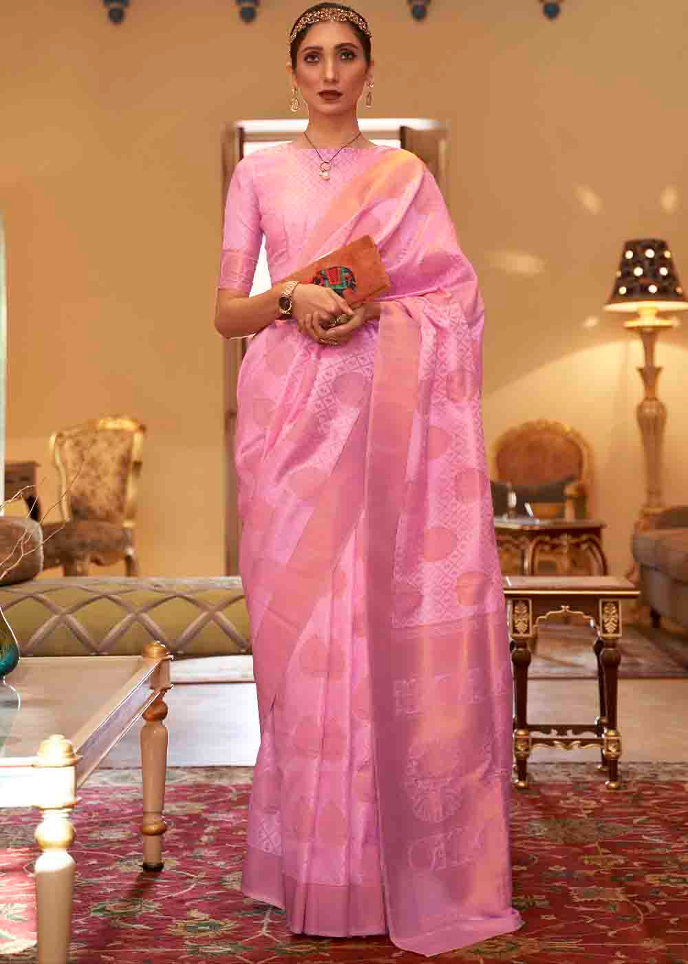 Rose Pink Handloom Weave Banarasi Silk Saree Clothsvilla Main image