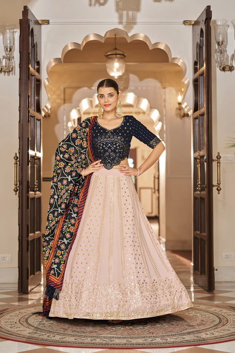 Pink With Navy Blue Embroidered Semi Stitched Bridal Lehenga Choli Clothsvilla Main image
