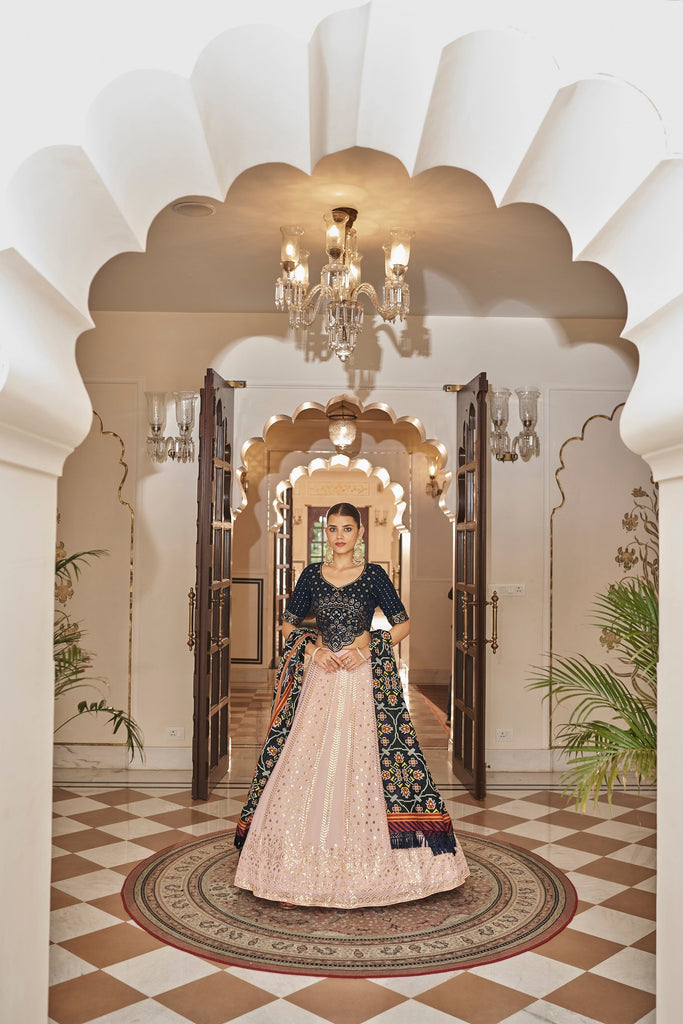 Blue & Pink Wedding Wear Floral Embroidered With Woven Banarasi Silk Lehenga  Choli