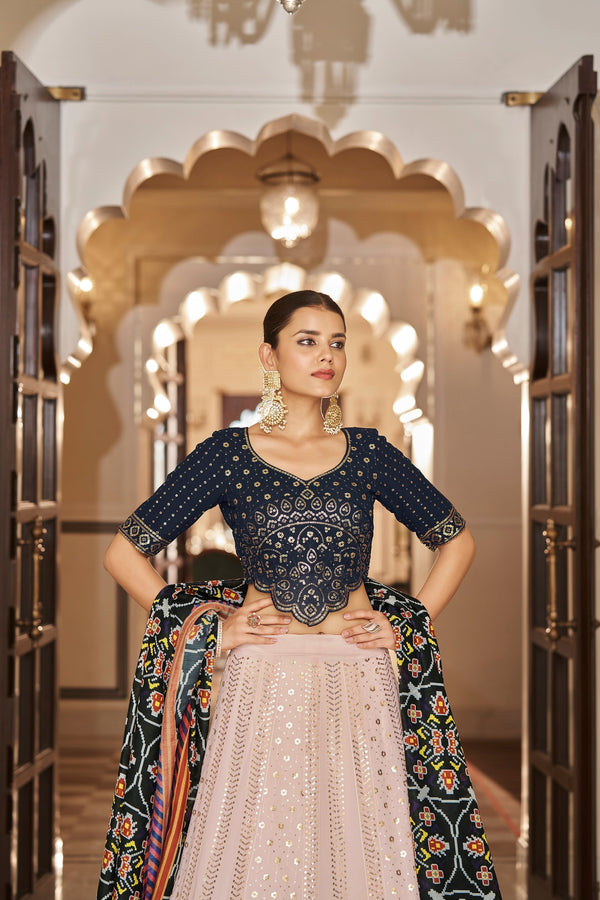 Pink With Navy Blue Embroidered Semi Stitched Bridal Lehenga Choli Clothsvilla