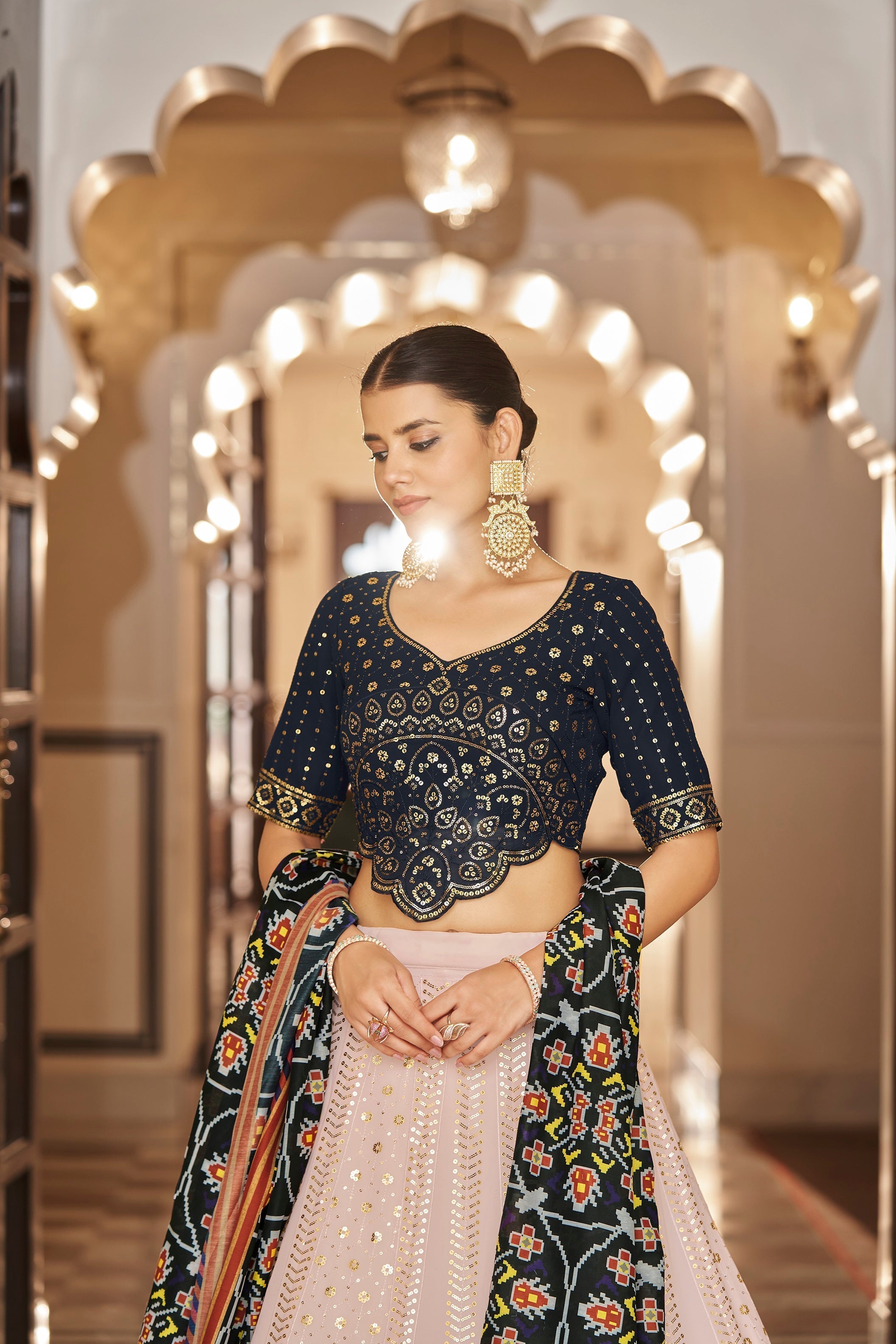 Pink With Navy Blue Embroidered Semi Stitched Bridal Lehenga Choli Clothsvilla