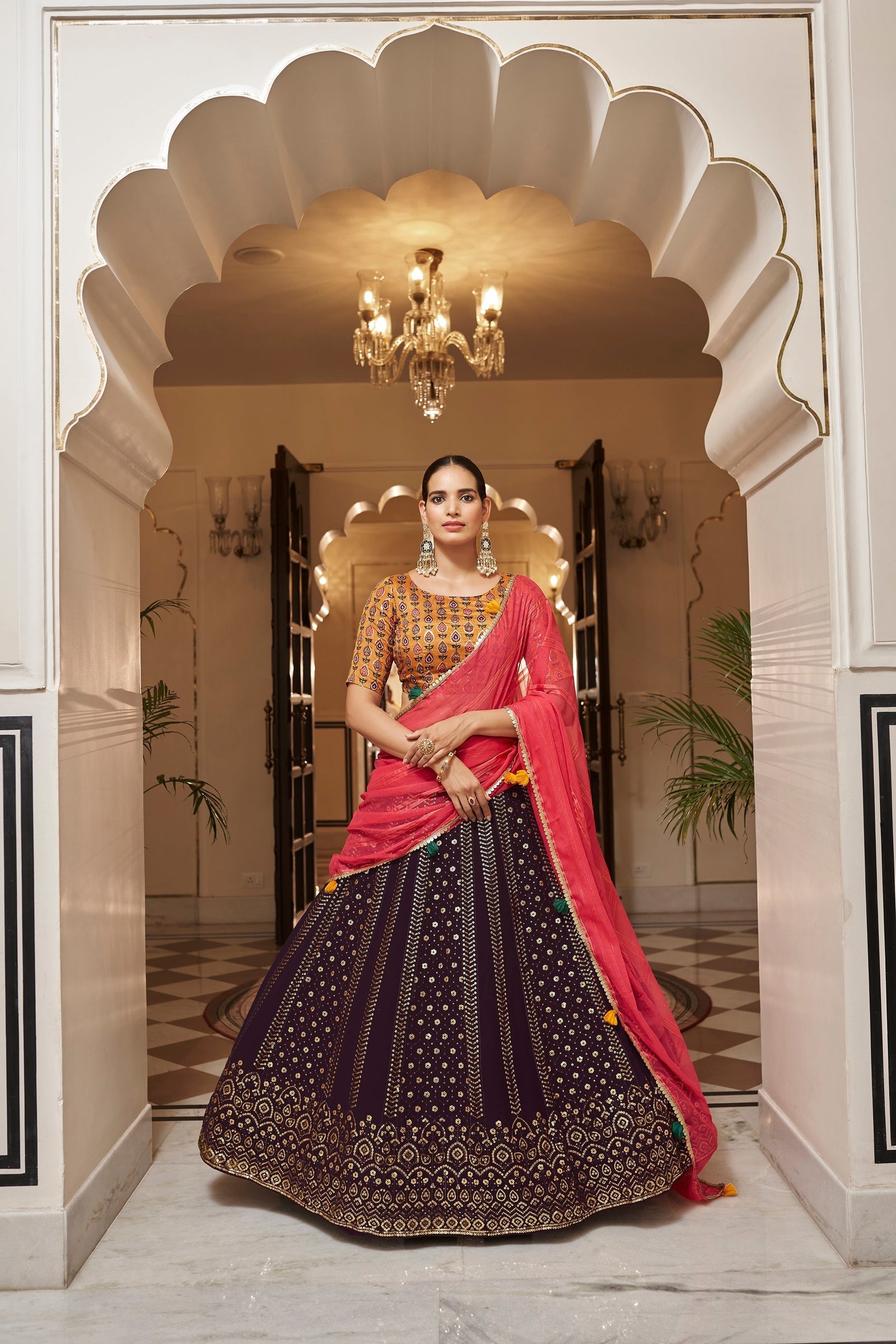 Purple With Mustard Color Embroidered Semi Stitched Bridal Lehenga Choli Clothsvilla