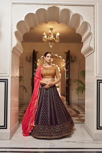 Purple With Mustard Color Embroidered Semi Stitched Bridal Lehenga Choli Clothsvilla