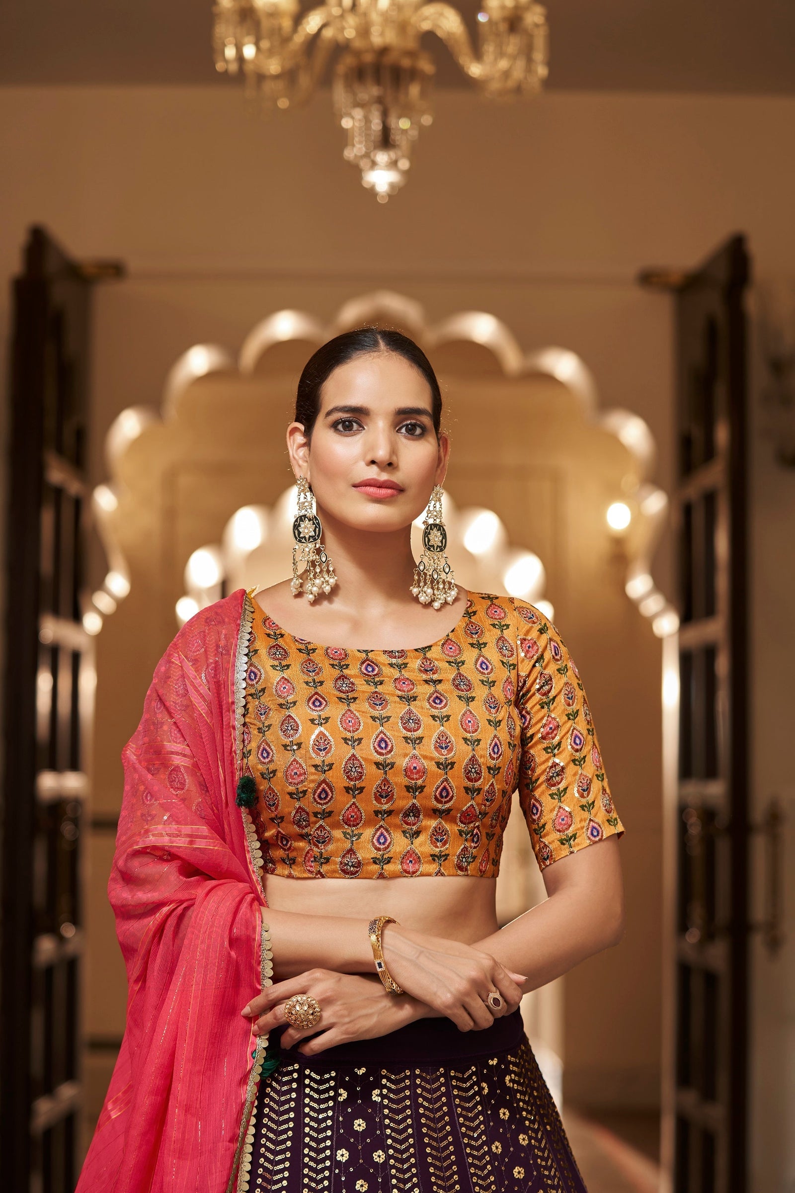 Purple With Mustard Color Embroidered Semi Stitched Bridal Lehenga Choli Clothsvilla