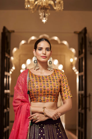 Purple With Mustard Color Embroidered Semi Stitched Bridal Lehenga Choli Clothsvilla