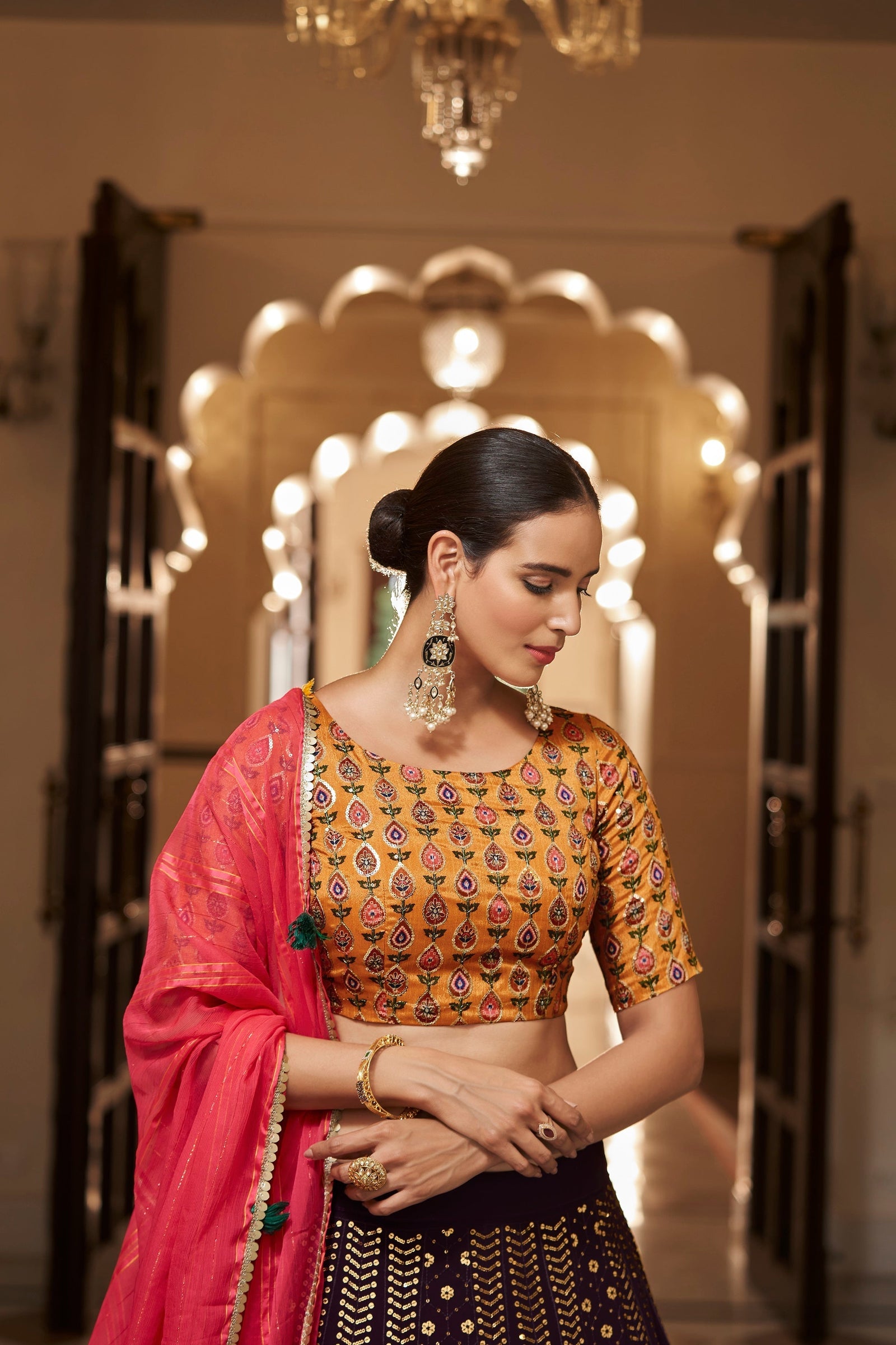 Purple With Mustard Color Embroidered Semi Stitched Bridal Lehenga Choli Clothsvilla