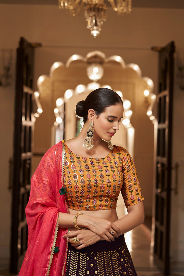 Purple With Mustard Color Embroidered Semi Stitched Bridal Lehenga Choli Clothsvilla