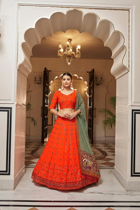Orange Color Embroidered Semi Stitched Bridal Lehenga Choli Clothsvilla Main image