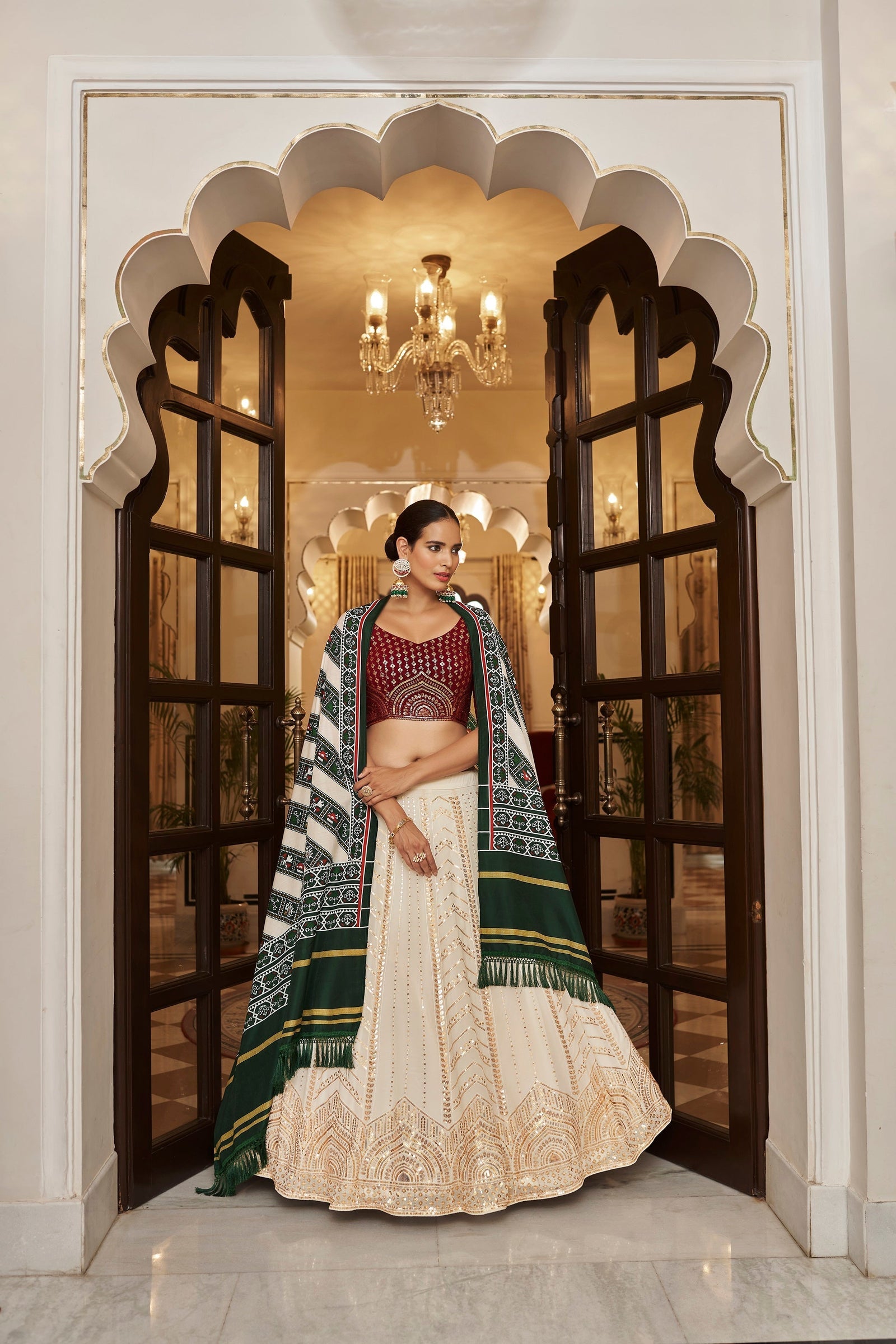 White With Maroon Embroidered Semi Stitched Bridal Lehenga Choli Clothsvilla