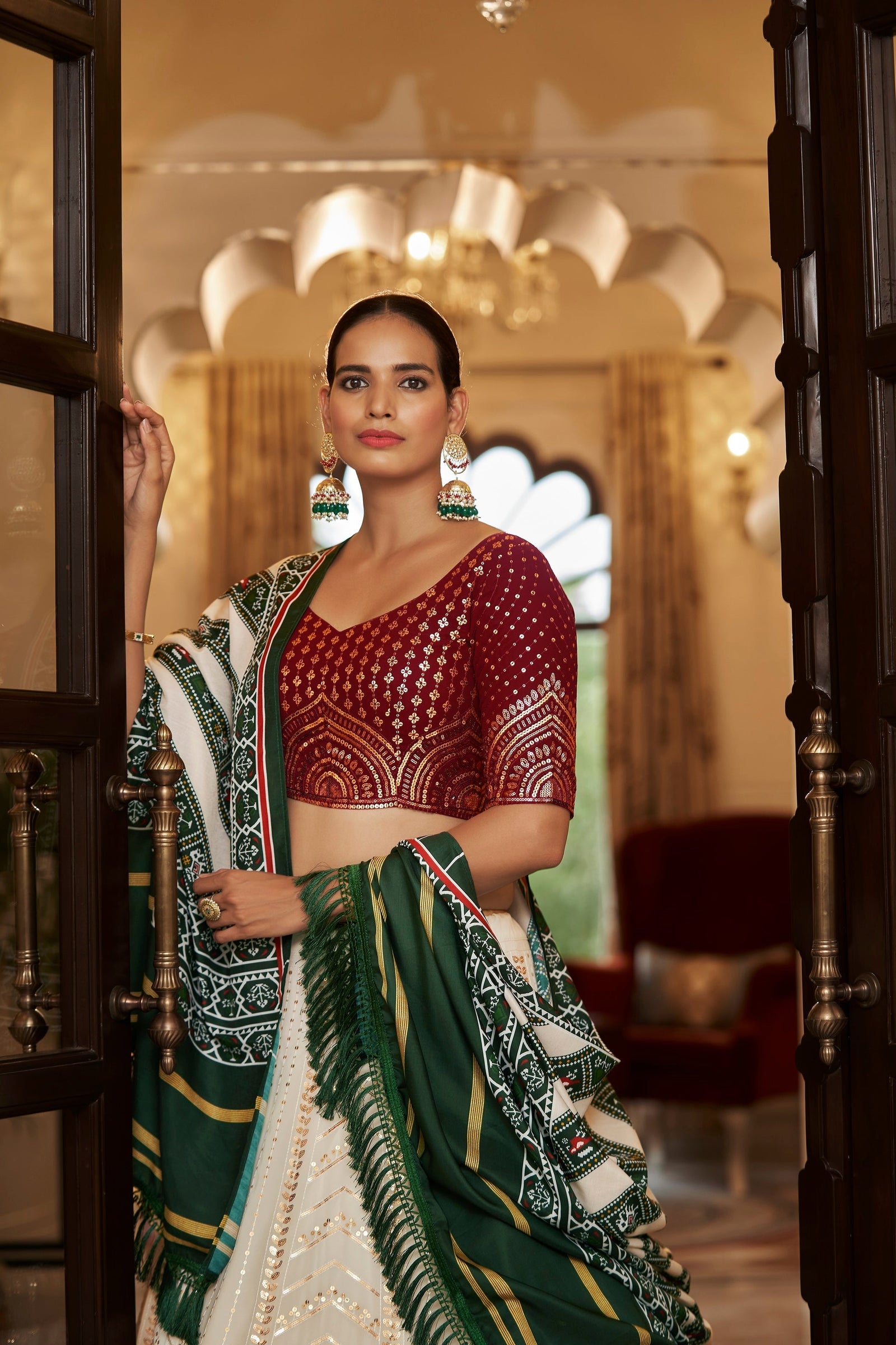 White With Maroon Embroidered Semi Stitched Bridal Lehenga Choli Clothsvilla