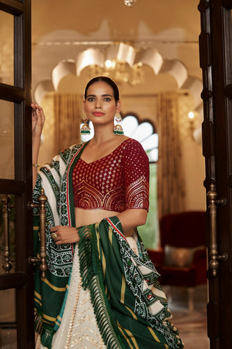 White With Maroon Embroidered Semi Stitched Bridal Lehenga Choli Clothsvilla