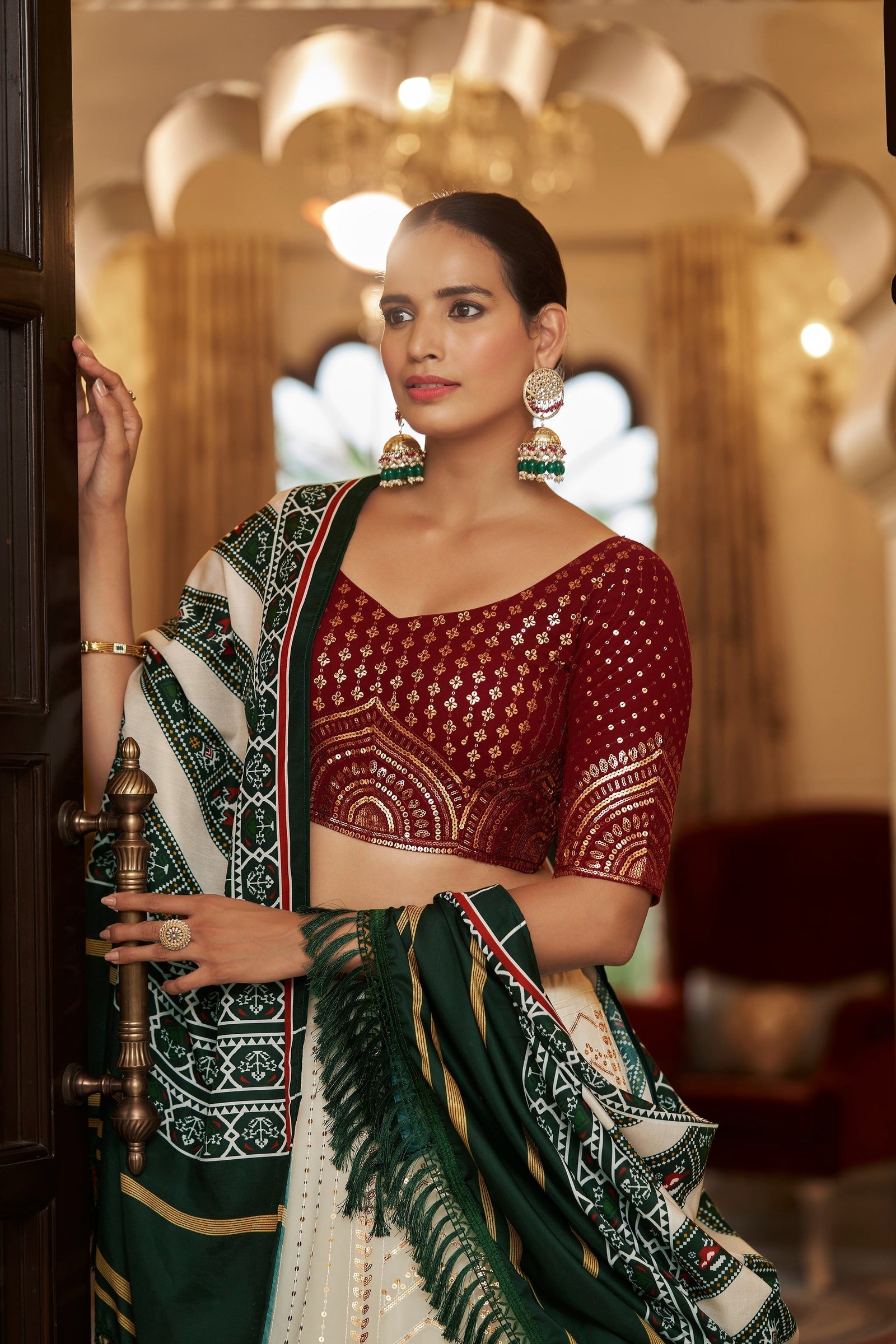 White With Maroon Embroidered Semi Stitched Bridal Lehenga Choli Clothsvilla