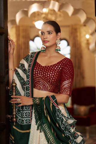 White With Maroon Embroidered Semi Stitched Bridal Lehenga Choli Clothsvilla