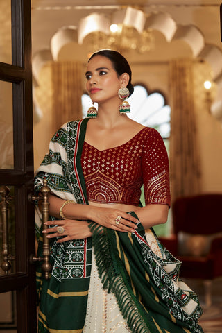 White With Maroon Embroidered Semi Stitched Bridal Lehenga Choli Clothsvilla
