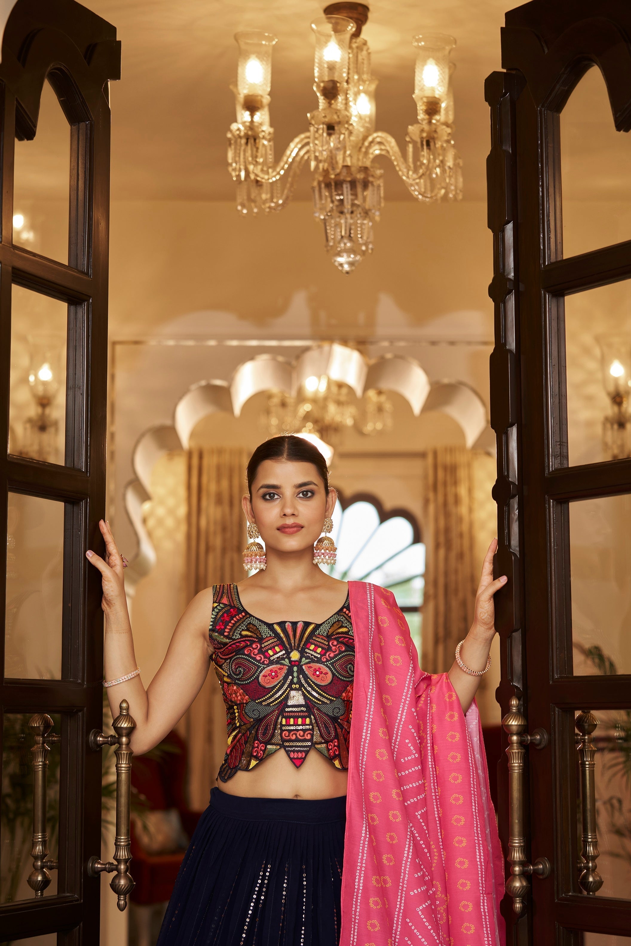 Navy Blue Embroidered Semi Stitched Bridal Lehenga Choli Clothsvilla