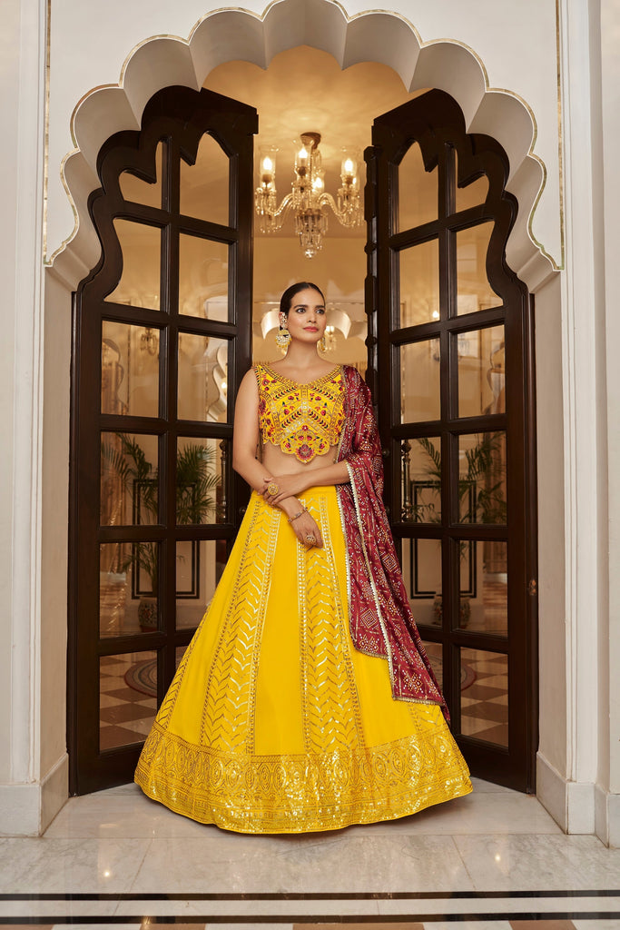 Fully Sequins Work Half Sleeves Blouse Yellow Color Flared Lehenga