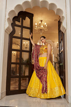 Load image into Gallery viewer, Yellow With Maroon Color Embroidered Semi Stitched Bridal Lehenga Choli Clothsvilla