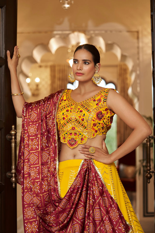 Yellow With Maroon Color Embroidered Semi Stitched Bridal Lehenga Choli Clothsvilla