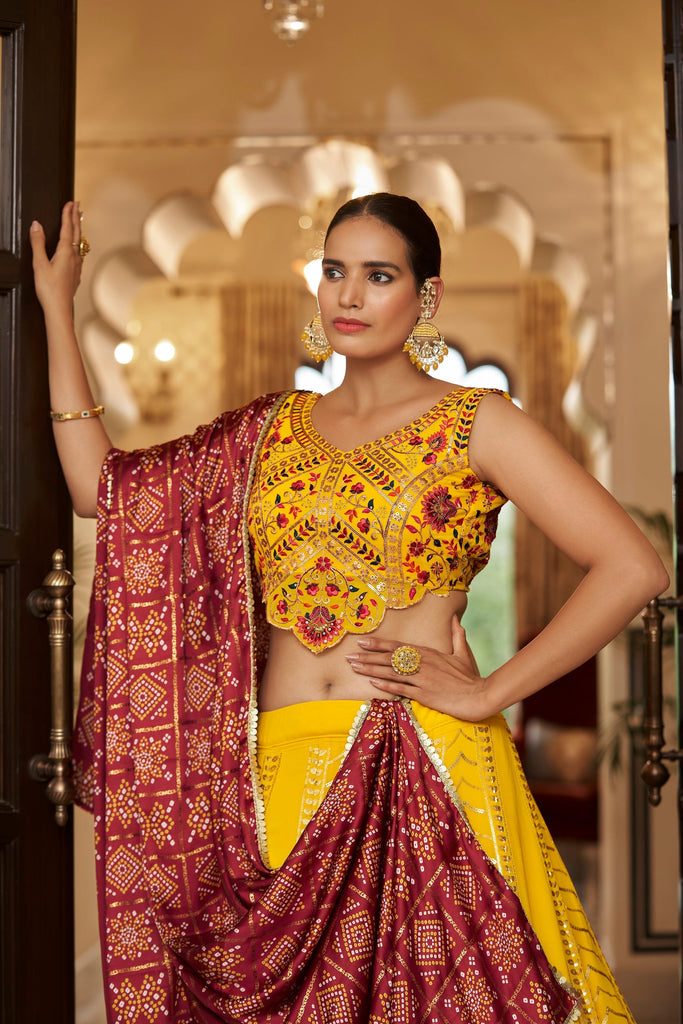 Red & Yellow Orange Red Bridal Lehenga by HER CLOSET for rent online |  FLYROBE