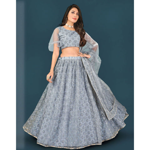 Grey Soft Net Lehenga Choli with heavy thread and sequins work ClothsVilla Main image