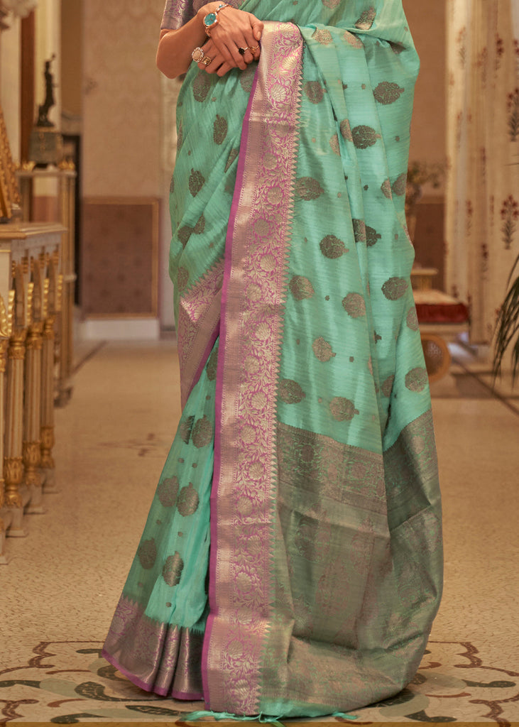 Fern Green Zari Butta Woven Tussar Silk Saree Clothsvilla