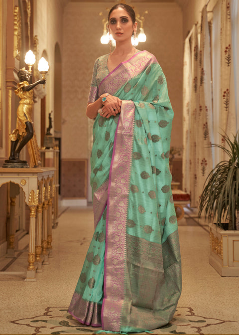 Fern Green Zari Butta Woven Tussar Silk Saree Clothsvilla Main image