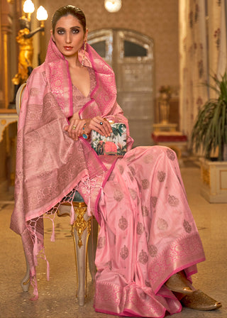 Mauvelous Pink Zari Butta Woven Tussar Silk Saree Clothsvilla