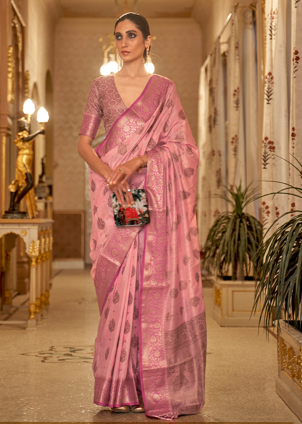 Mauvelous Pink Zari Butta Woven Tussar Silk Saree Clothsvilla Main image
