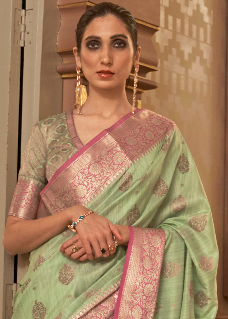 Pastel Green Zari Butta Woven Tussar Silk Saree Clothsvilla