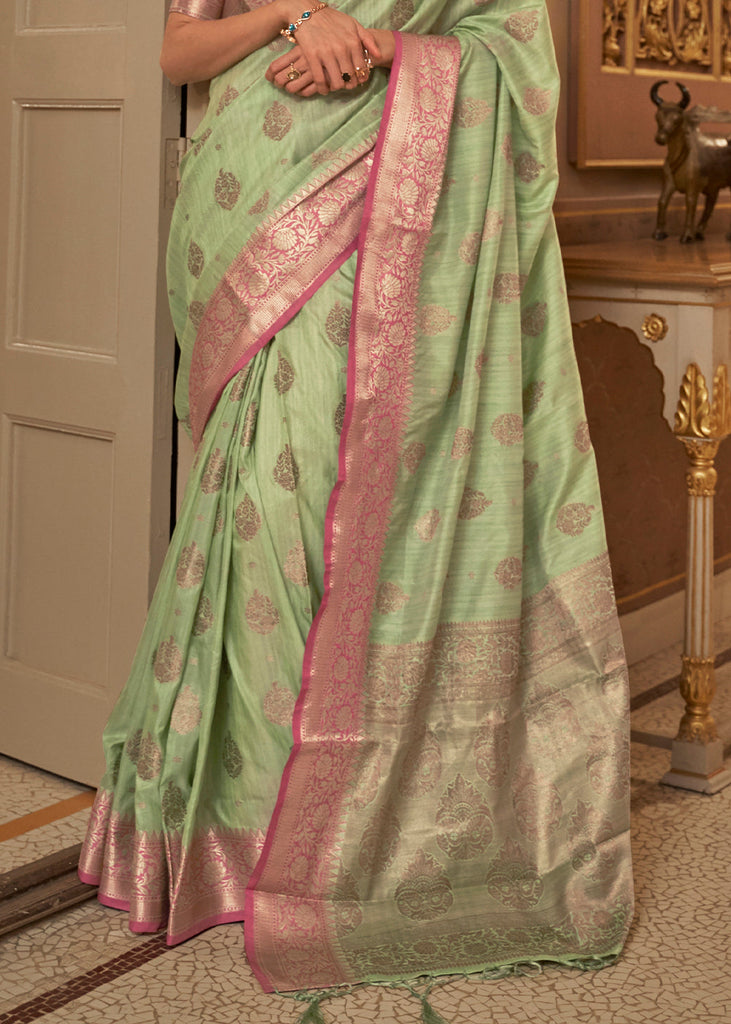 Pastel Green Zari Butta Woven Tussar Silk Saree Clothsvilla