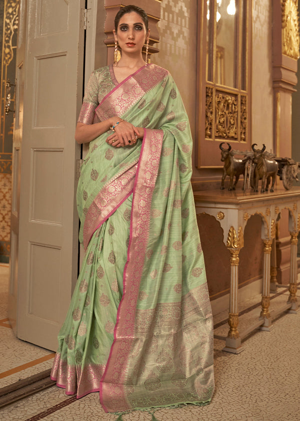 Pastel Green Zari Butta Woven Tussar Silk Saree Clothsvilla