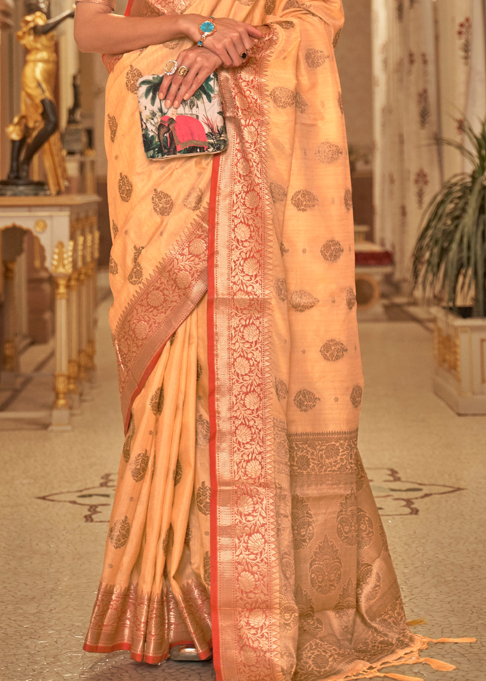 Light Orange Zari Butta Woven Tussar Silk Saree Clothsvilla