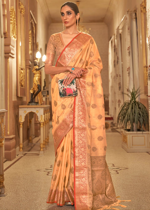 Light Orange Zari Butta Woven Tussar Silk Saree Clothsvilla Main image